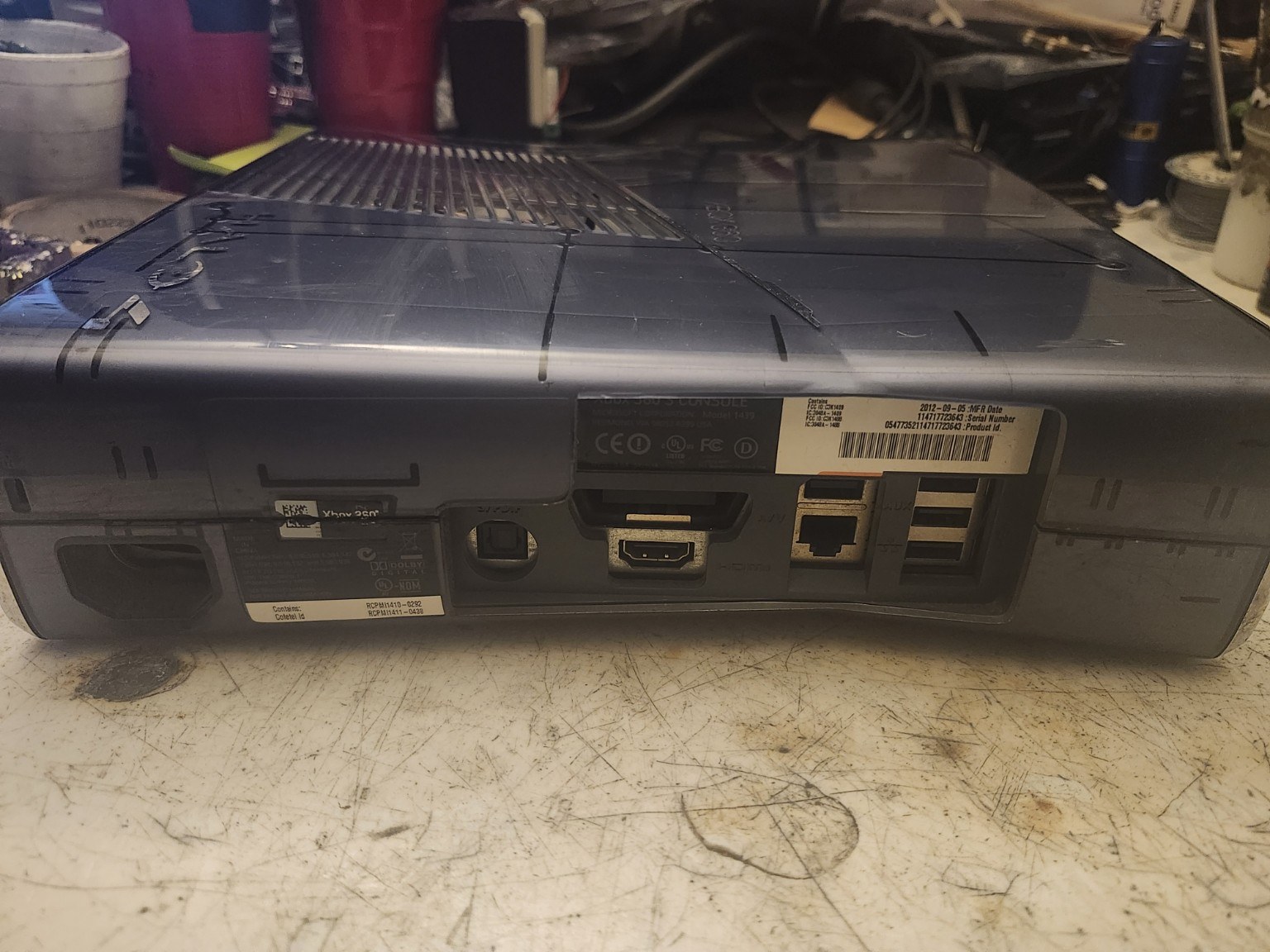 Actual Xbox 360 Halo 4 console rear ports and serial-label view