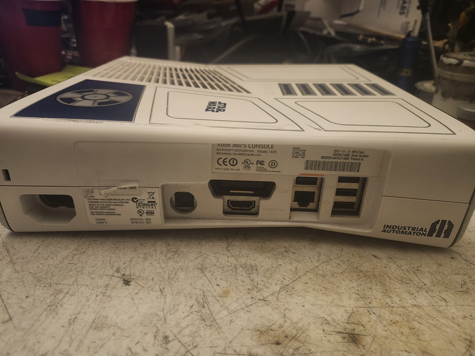 Actual Xbox 360 Star Wars R2-D2 Edition front three-quarter view