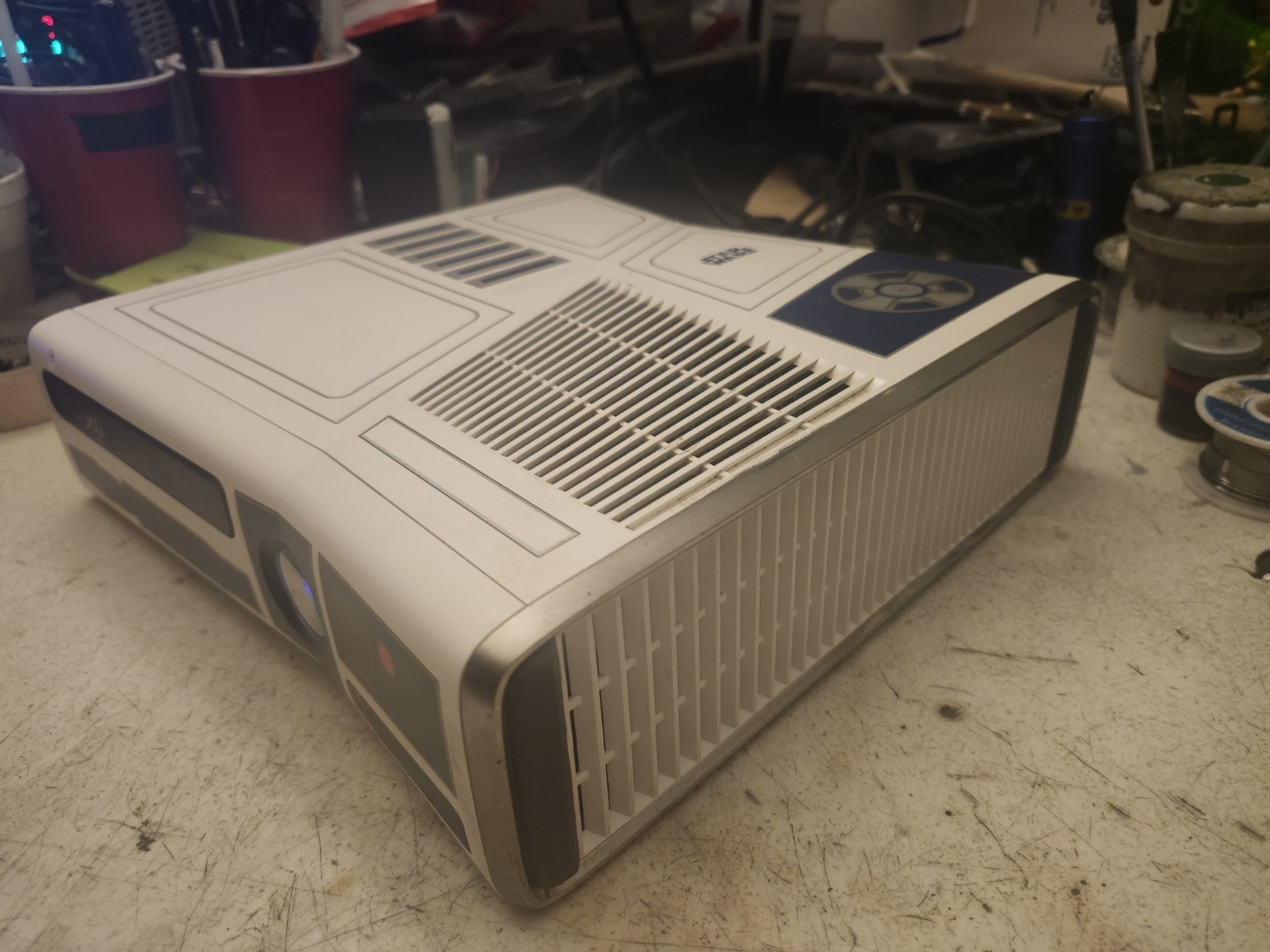 Actual Xbox 360 Star Wars R2-D2 Edition rear ports and label view