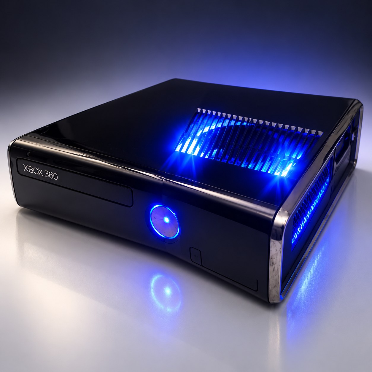 Xbox 360 Slim 1TB console with blue lighting