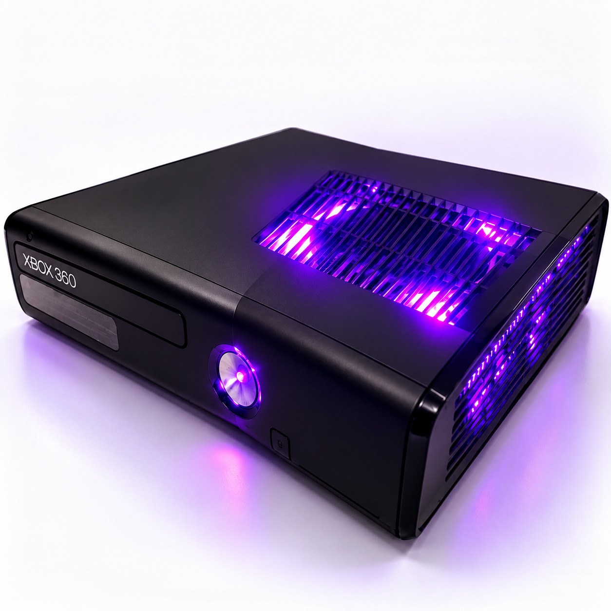 Xbox 360 Slim 2TB console with purple lighting